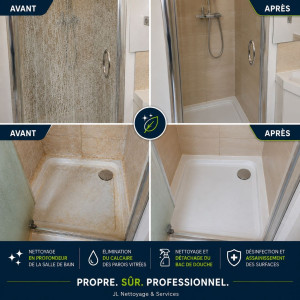 Photo de galerie - Transformation avant / après d’une cabine de douche grâce à un nettoyage approfondi, avec élimination du calcaire et assainissement complet des surfaces.