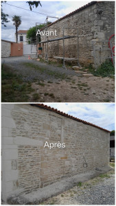 Photo de galerie - Photo avant et après de la restauration d'une des facade d'une belle longère très abîmé ,angles re façonner au répare pierre Parex/Lanko teinte Niort et jointage au G20 Monomax.
Très beau resultat
