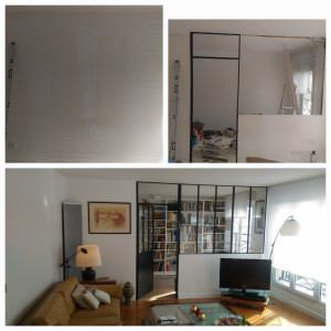 Photo de galerie - Création verrière entre  salon et la bibliothèque dans un grand appartement.
