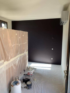 Photo de galerie - Le pan de mur foncé, fraîchement peint en noir, crée un contraste marqué avec les autres murs et le plafond blancs. Il attire immédiatement l’attention et donne une ambiance moderne et élégante à la pièce