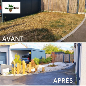 Photo de galerie - Aménagements d'un espace paysagé, avec traverses Chêne pour l'intégration de la boîte aux lettres.