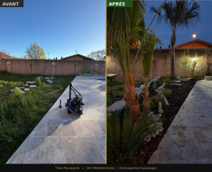 Photo de galerie - Création massif. avec muret en pierre paillage + éléments décoratifs, bois flotter minéraux.. etc