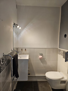 Photo de galerie - Rénovation salle d’eau 
Lissage murs
Faïence 
Carrelage sol
Remplacement sanitaires 
Montage chauffe eau extra plat 