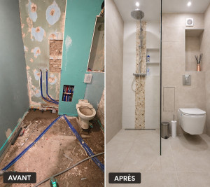 Photo de galerie - Salle de bains entièrement rénovée : carrelage avec douche en pente, niche murale, trappe de visite et WC suspendu etc....