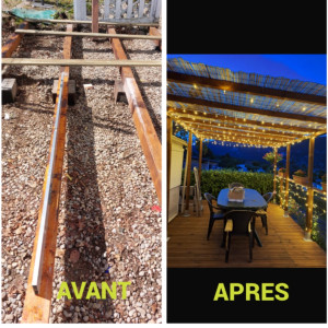 Photo de galerie - Du chantier à la finition ! Voici le résultat après la pose complète d’une terrasse en lames de bois et d’une pergola assortie. Travail soigné, solide et durable — je réalise vos aménagements extérieurs sur mesure.
