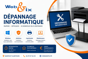 Photo de galerie - Cette photo illustre un service de dépannage informatique à Nantes : réparation PC Windows, suppression de virus, installation d’imprimante et assistance informatique à domicile ou à distance par Webandfix.fr.