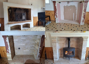 Photo de galerie - Avant/après. suppression de l’insert pour y installer un poêle à bois 