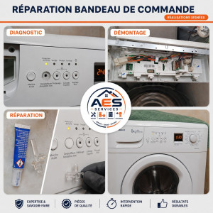 Photo de galerie - Réparation d’un lave-linge Beko suite à la casse du bouton Départ/Pause : démontage du bandeau de commande, accès au mécanisme, réparation de la pièce plastique puis remontage et test complet de fonctionnement.