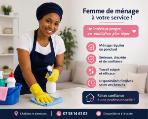 Photo de galerie - Prestation de ménage et repassage à domicile par ROKHAYA SERVICE. Nettoyage complet, cuisine, salle de bain, vitres et repassage soigné. Je suis sérieuse, discrète et ponctuelle à Challans, Bois-de-Céné et alentours. Service sur mesure selon vos besoins. 