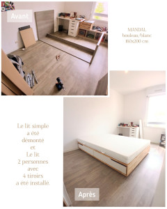 Photo de galerie - Après le démontage du lit simple, un lit 2 personnes (160x200) avec 4 tiroirs a été installé.