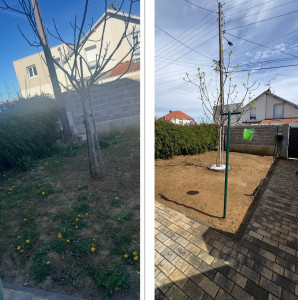 Photo de galerie - Gazonnement avant après création centrale d’une petite déco