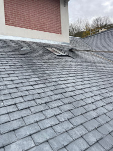 Photo de galerie - Réalisation d’un  toiture en ardoise  avec un châssis cast et   éléments  en zinc