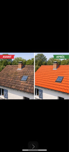 Photo de galerie - Avant / Après nettoyage de toiture Résultat visible après intervention : une toiture propre, nette et protégée.