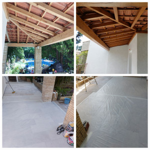 Photo de galerie - Protection du sol et mises en peinture ( 2 couche de fongicide + 2 couches Lazur) des chevrons et liteaux sous une toiture .