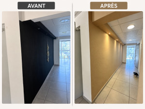 Photo de galerie - Avant : un couloir sombre avec un mur noir.  Après : une teinte claire et chaleureuse qui apporte beaucoup plus de luminosité et modernise l’ensemble.  Un changement simple, mais un résultat beaucoup plus lumineux et accueillant. 