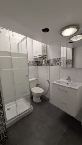 Photo de galerie - Rénovation complète de salle de bain : pose carrelage sol et murs, installation douche, lavabo, WC et travaux de plomberie. Travail propre et soigné