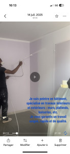 Photo de galerie - Bonjour, Je suis peintre en bâtiment, spécialisé en intérieur/extérieur : murs, plafonds, portes. Je propose des services de qualité (préparation, ponçage, enduit, peinture). Contactez-moi ici pour un devis. Merci.