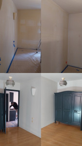 Photo de galerie - Avant / après 
Rafraîchissement d’une chambre 
✅ protection du chantier 
✅ préparation du support 
✅reprise des murs 
✅application de deux couches de peinture 
( sur le blanc c’est un reflet des couleurs )