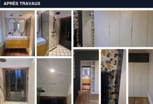 Photo de galerie - Refection d'une chambre avec mise en place de meubles, habillage de mur en papier peint et réfection d'une salle de bain avec béton cirée sur les murs, création d'une douche et pose d'un sauna traditionnel sur mesure