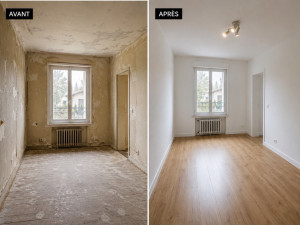 Photo de galerie - Rénovation intérieure complète : préparation et remise en état des murs et plafonds, peinture, finitions et rénovation du sol. Transformation d’une pièce dégradée en espace propre, lumineux et soigné.
