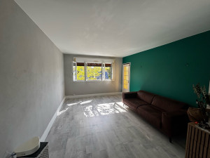 Photo de galerie - Réalisation d’enduit décoratif effet béton, ratissage sur le mur vert et peinture en 2 couche, plafond révision complète avec peinture en 2 couche 