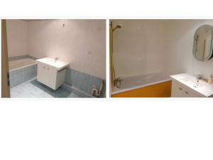 Photo de galerie - Préparation avant peinture : ponçage,  dégraissage, pose apprêt d'accroche professionnel.

Puis pose d'une peinture professionnelle : laque alkyde effet brillant

Changement équipement sanitaire : mitigeur, colonne, paroi de douche, tablier, miroir.