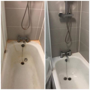 Photo de galerie - Nettoyage anti-calcaire en profondeur de la baignoire et de la robinetterie avec un produit professionnel, éliminant le tartre et les traces incrustées