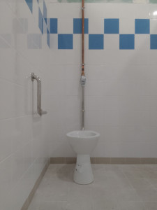 Photo de galerie - Installation de toilettes pour personnes à mobilité réduite (PMR) avec un modèle presto équipé de composants en cuivre. Comprend une barres de maintien.


