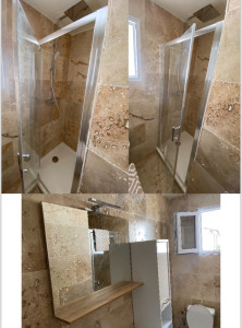 Photo de galerie - Pose du bac à douche  + installation du miroir + installation de la colonne de douche, + installation de la paroi de douche? 
