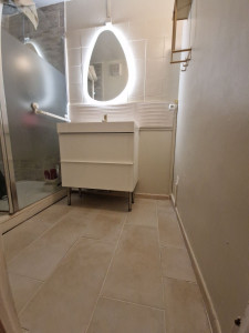 Photo de galerie - Carrelage sol et murs +mise en place miroir et electricité.
changement robineterie.
peinture.murale