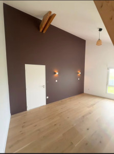 Photo de galerie - Chambre mur d'accent en brun foncé mate avec le reste de la pièce en blanc pour un rendu moderne et contrasté.
