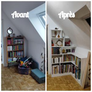 Photo de galerie - Réalisation d'une bibliothèque d'angle sur mesures. 