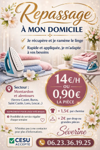 Photo de galerie - Tarif : 14€/H ou 0.90€ la pièce  Supplément pour linge spécifique : 1.5 euros par chemise, 2 euros par drap ou grandes pièces