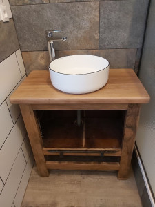 Photo de galerie - Réfection salle de bain / pose vasque et mitigeur thermostatique sur meuble bois 