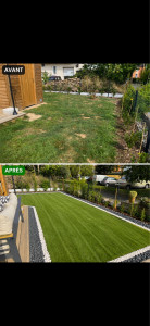 Photo de galerie - Réfection de pelouse et aménagement paysager  Avant ➜ Après ?  Transformation complète du jardin avec remise en état de la pelouse et création de bordures en galets blancs et noirs pour un rendu moderne, propre et élégant.