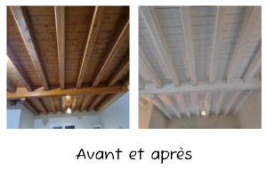 Photo de galerie - Peinture du plafond d'un salon (poutres en bois)