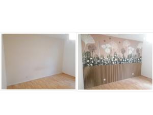 Photo de galerie - Preparation du mur avant pose decorative : Poncage, ratissage, impression. Puis pose de panneau acoustique decoratif bois/feutrine en soubassement, pose papier peint panoramique sur mesure.