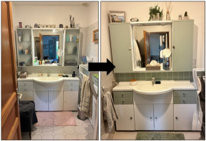 Photo de galerie - « Modernisation » salle d’eau : peinture faïence, meuble et murs. Changements poignées meuble et porte, peinture porte, épuration et mise à jour déco, changement robinetterie…