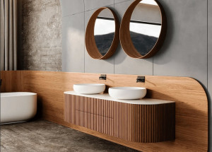 Photo de galerie - Agencement sur mesure de salle de bains. Mobilier et sous bassement en placage bois, murs béton naturel.   www.renovation-agencement.com  