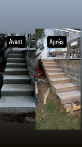 Photo de galerie - Carrelage imitation parquet sur escalier extérieur 