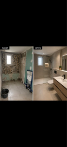 Photo de galerie - Avant ➜ Après ? Transformation complète d’une salle de bain avec création d’une douche à l’italienne, pose de faïence et finitions soignées pour un résultat moderne et fonctionnel. Krasniqi Multiservice 
