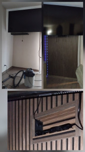 Photo de galerie - Pose de panneaux bois avec les et création d'une niche de rangement avec prises encastrées