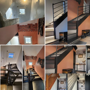 Photo de galerie - Relooker un hall d’entrée et une cage d’escalier façon industriel. Toujours un travail de ratissage afin d’uniformiser les murs et une mise en peinture + une pose de frise au dessu de la fenêtre.