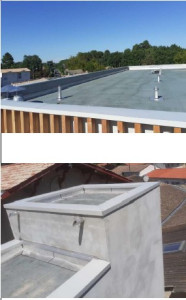 Photo de galerie - Mise en œuvre d’un complexe d’étanchéité bicouche autoprotégée isolé sur support béton y compris mise en place de toute la zinguerie.