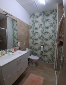 Photo de galerie - Peinture et pose de papier peint dans cette jolie salle de bain.