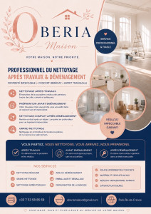 Photo de galerie - OBERIA Maison

Votre partenaire de confiance pour un intérieur impeccable

Chez OBERIA Maison, nous mettons notre savoir-faire au service de votre confort. Nous proposons des prestations de nettoyage professionnel pour les particuliers, les locations sais