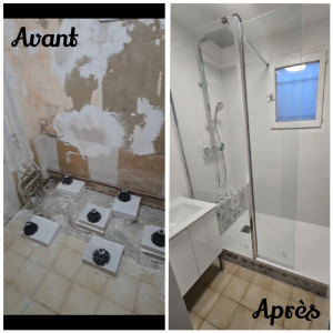 Photo de galerie - Rénovation d'une salle de bain complète avec douche italienne reprise complète de la plomberie maçonnerie plus électricité.