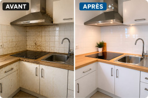 Photo de galerie - Nettoyage complet d'une cuisine : plan de travail, évier, crédence, façades des meubles, électroménager et sol. Un résultat propre, soigné et des finitions impeccables.
