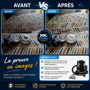 Photo de galerie - Nettoyage de tapis – Avant/Après ✨
Réalisation d’un nettoyage en profondeur d’un tapis avec notre matériel professionnel. Un résultat visible en images !