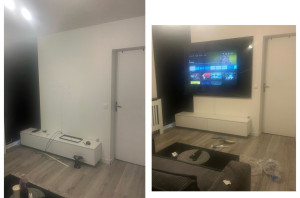 Photo de galerie - Installation d’un panneau PVC et tv au mur 